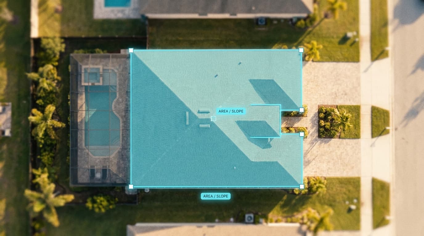 A Florida roof measured from satellite in a cyan overlay