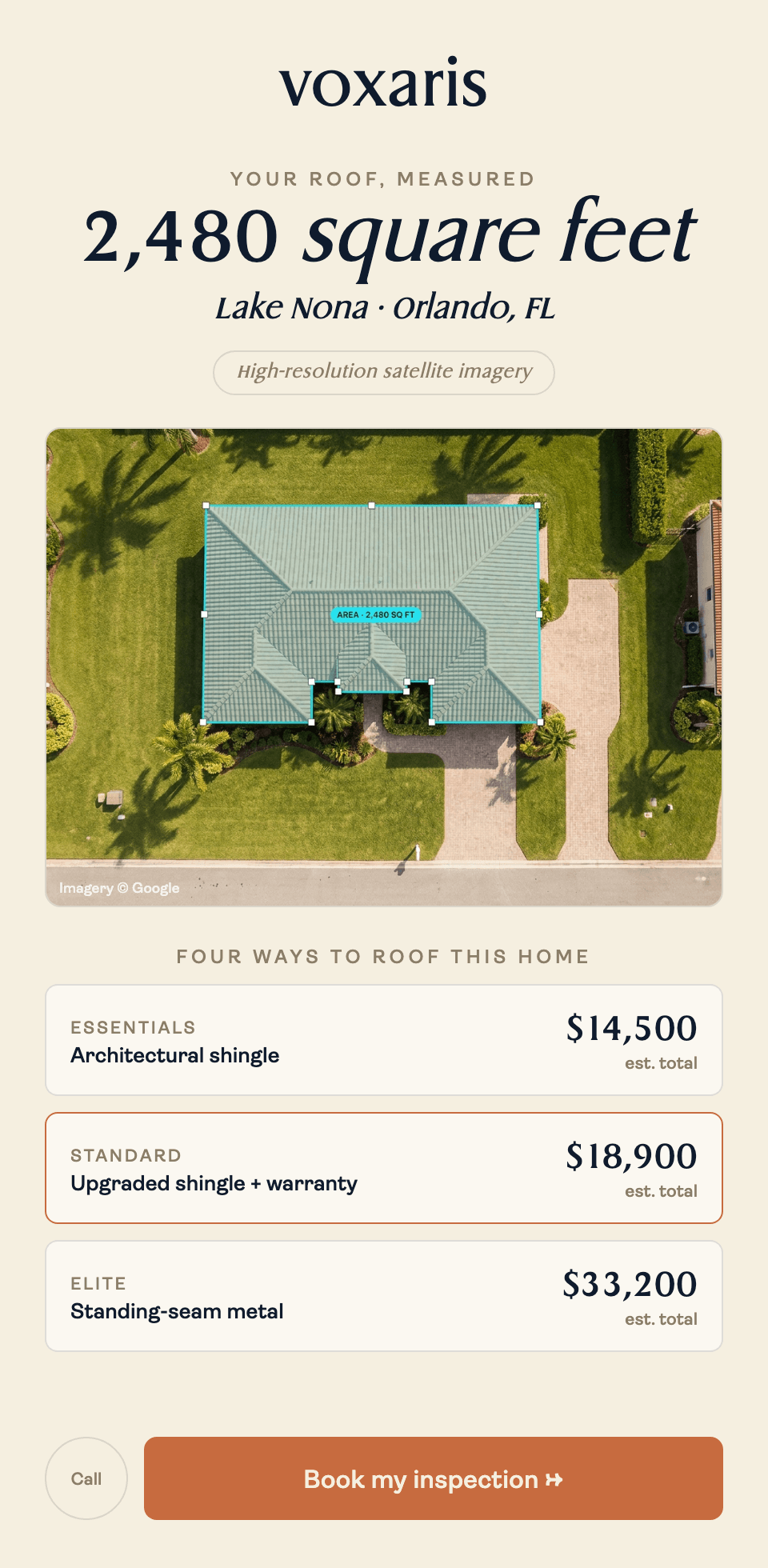 The instant Good, Better, Best estimate result on a phone, with a Book my inspection button
