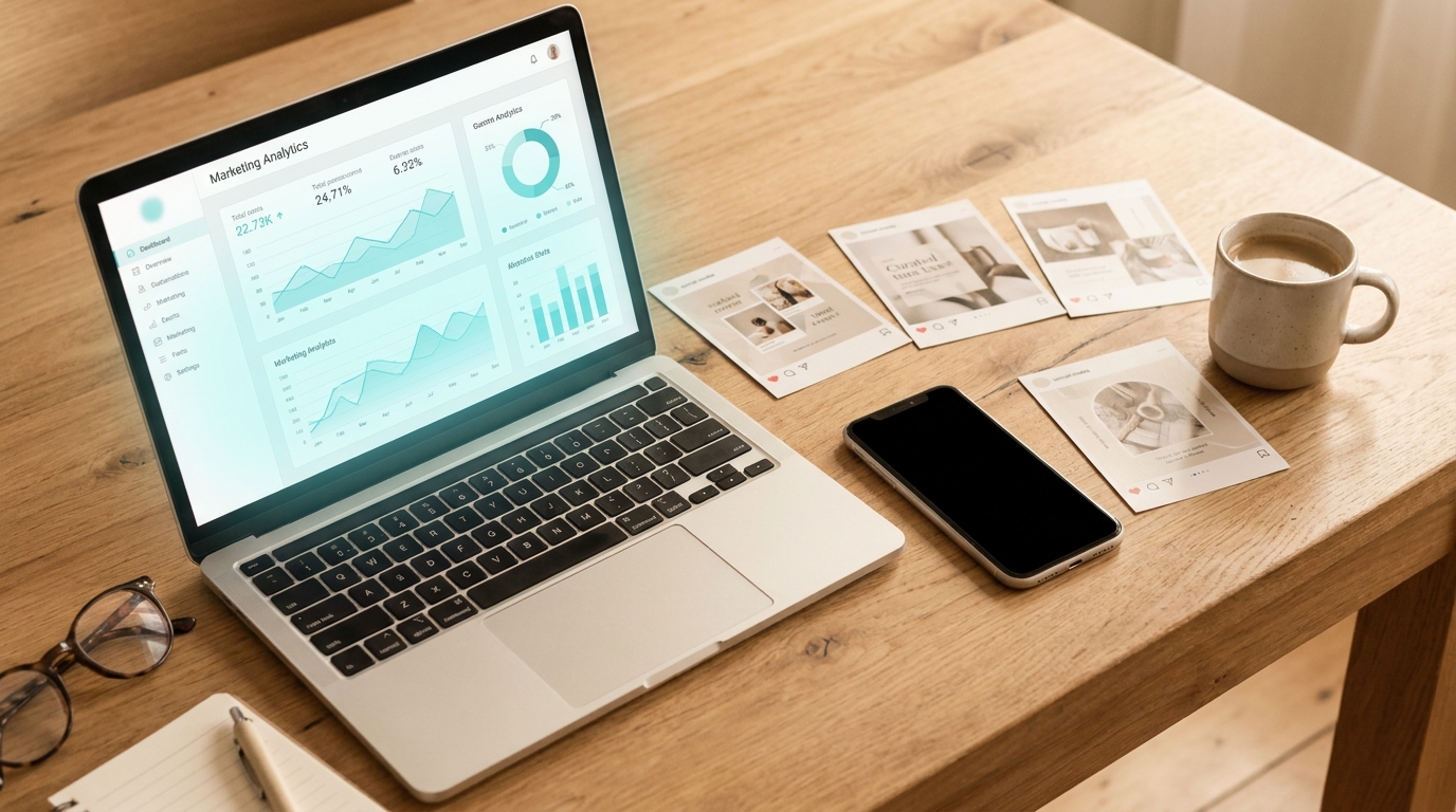 A marketing workspace with roofing ad creative and content laid out
