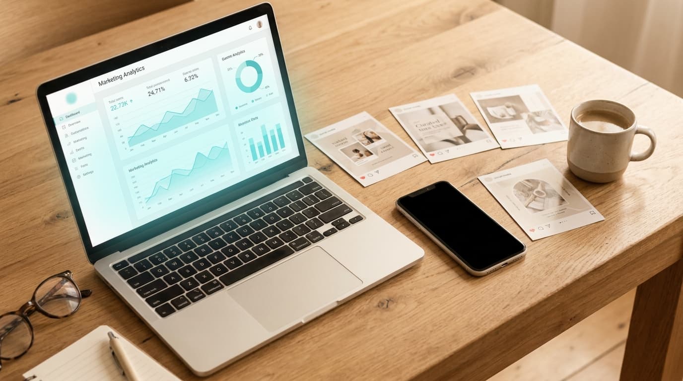 A marketing workspace with roofing ad creative and content laid out