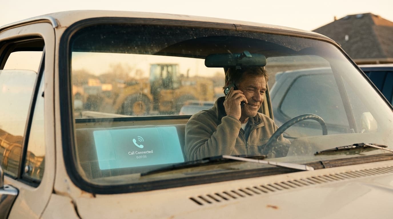 A roofing office phone scene with Sydney, the Voxaris voice AI, picking up
