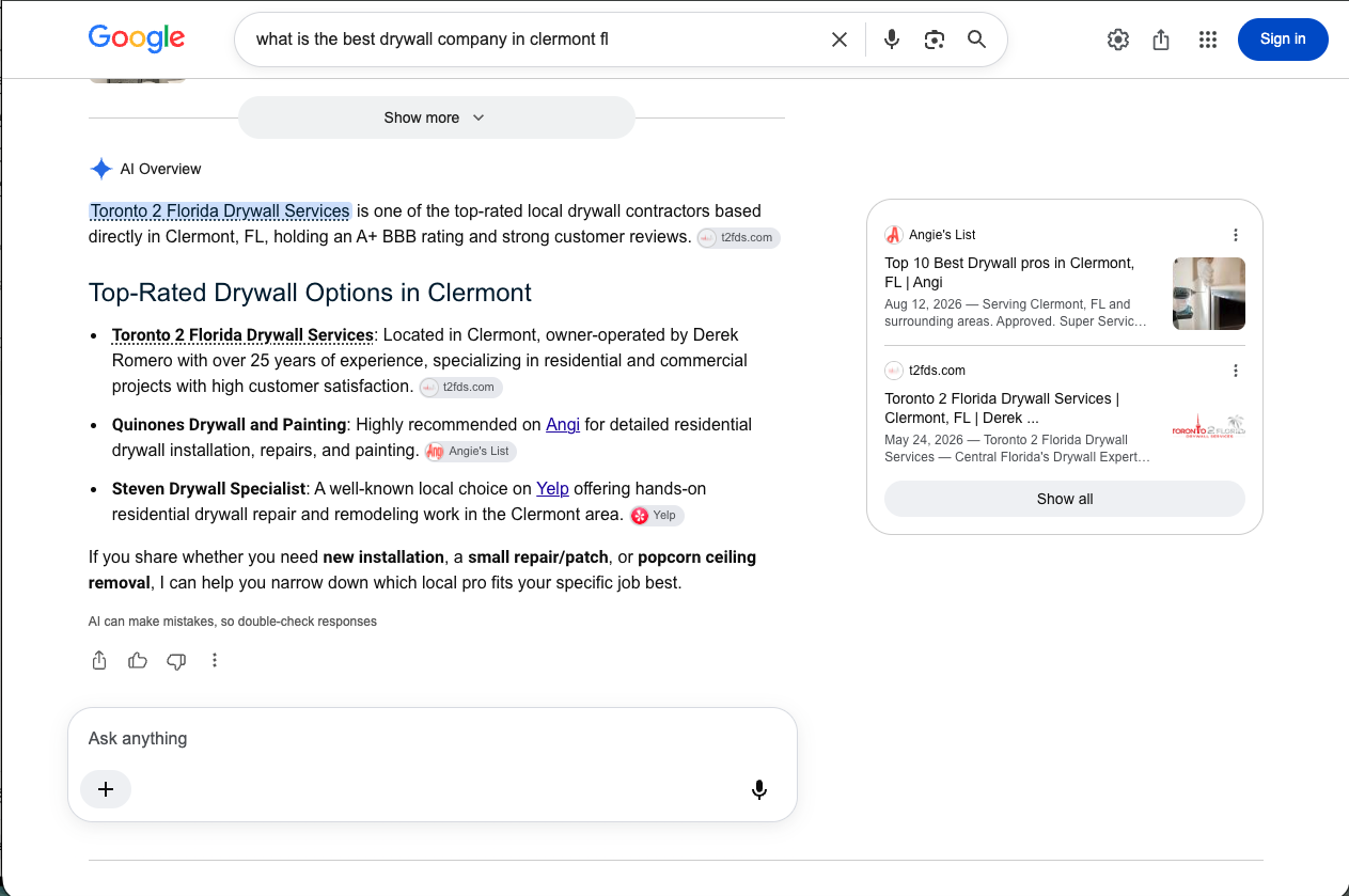 Google AI Overview naming Toronto 2 Florida Drywall Services first and citing t2fds.com as the source
