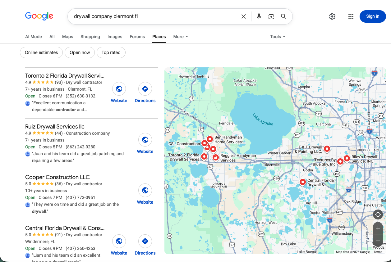 Google Places results for “drywall company clermont fl” with Toronto 2 Florida Drywall Services ranked first at 4.9 stars from 93 reviews